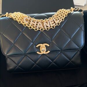 Chanel Crystal Logo Letters Chain Handle Flap Bag Quilted Lambskin Small